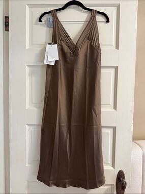 COS Brown Satin V-Neck Midi Slip Dress